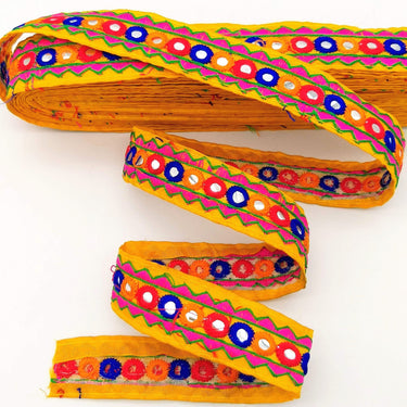 Yellow And Pink Indian Mirror Trim Kutch Embroidered Navratri Garba Dress Trim Bridal Lace, Sari Border 30 mm Wide Trim Per 3 Yards
